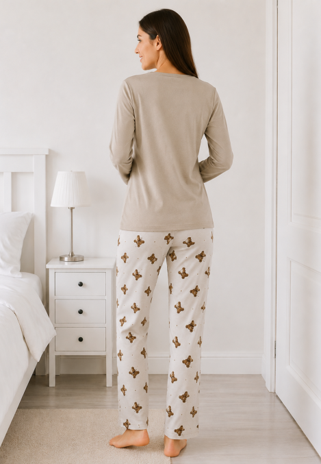 Pijama de damă cu bluză cu maneca lunga și pantaloni lung -Bej ,Engros